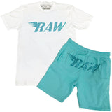RAW Aqua Bling Crew Neck and Cotton Shorts Set - White Tees / Aqua Shorts - Rawyalty Clothing