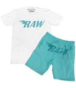 RAW Aqua Bling Crew Neck and Cotton Shorts Set - White Tees / Aqua Shorts - Rawyalty Clothing