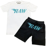 Men RAW Aqua Bling Crew Neck and Cotton Shorts Set - White Tees / Black Shorts - Rawyalty Clothing