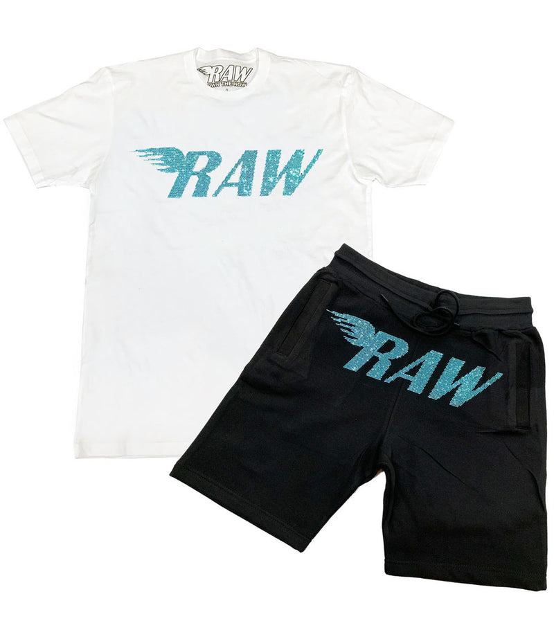Men RAW Aqua Bling Crew Neck and Cotton Shorts Set - White Tees / Black Shorts - Rawyalty Clothing