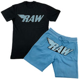 RAW Baby Blue Chenille Crew Neck and Cotton Shorts Set - Black Tees / Carolina Blue Shorts - Rawyalty Clothing