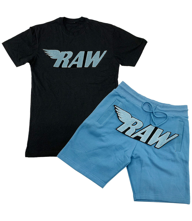 RAW Baby Blue Chenille Crew Neck and Cotton Shorts Set - Black Tees / Carolina Blue Shorts - Rawyalty Clothing