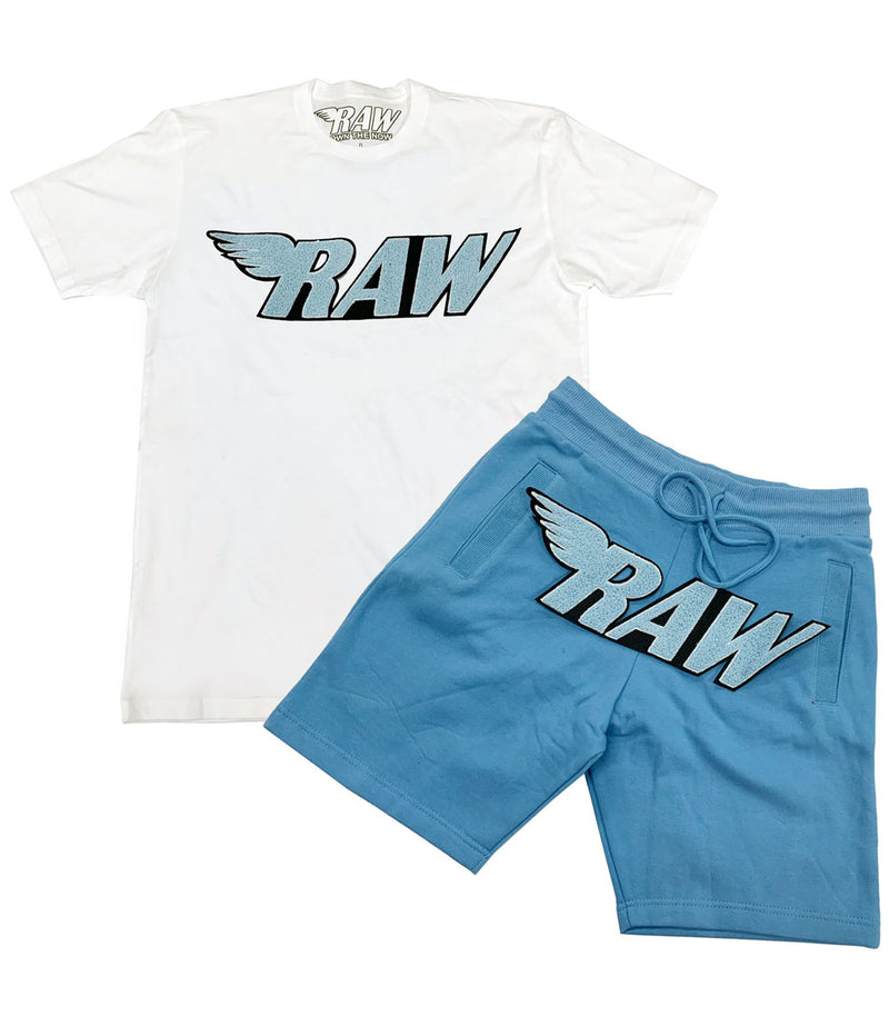 RAW Baby Blue Chenille Crew Neck and Cotton Shorts Set - White Tees / Carolina Blue Shorts - Rawyalty Clothing