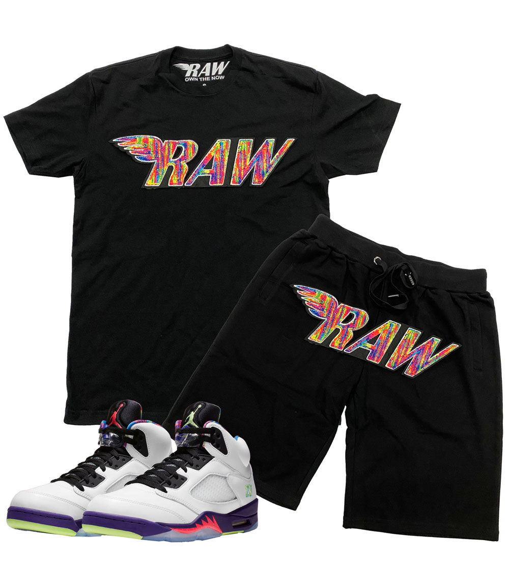 Men RAW Bel Air Chenille Crew Neck and Cotton Shorts Set - Black Tees / Black Shorts - Rawyalty Clothing