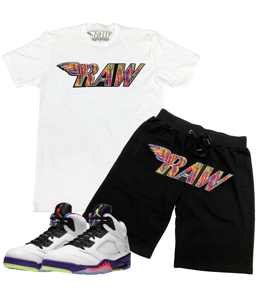 Men RAW Bel Air Chenille Crew Neck and Cotton Shorts Set - White Tees / Black Shorts - Rawyalty Clothing