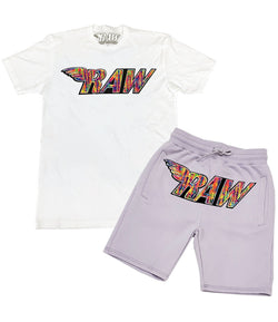 Men RAW Bel Air Chenille Crew Neck and Cotton Shorts Set - White Tee / Light Purple Shorts - Rawyalty Clothing