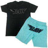 RAW Black Chenille Crew Neck and Cotton Shorts Set - Black Tees / Aqua Shorts - Rawyalty Clothing