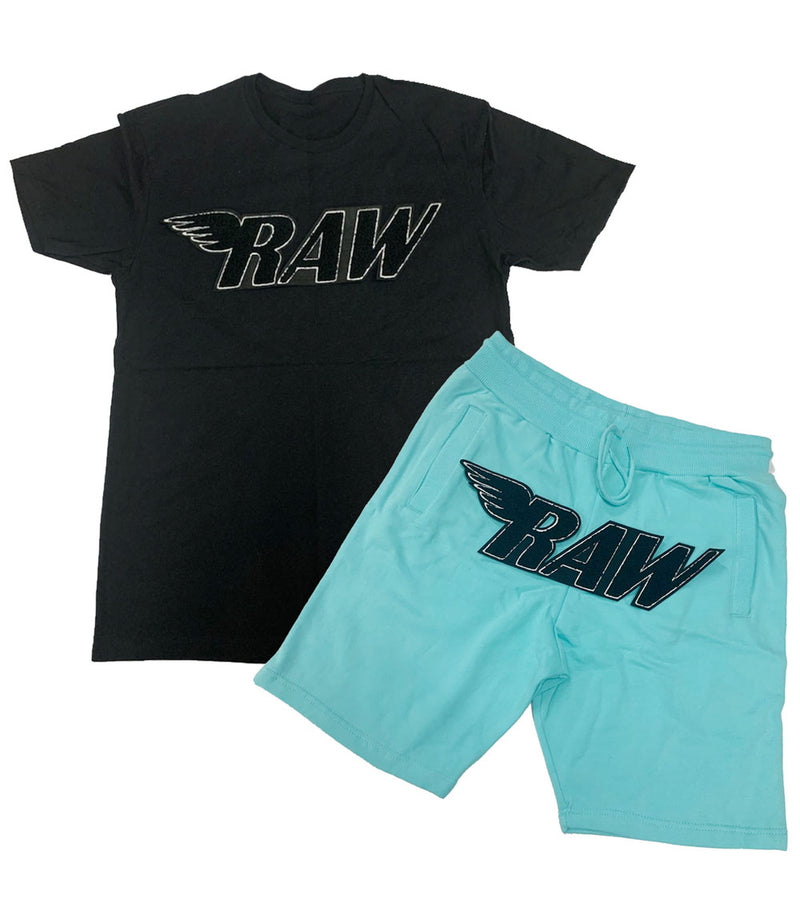 RAW Black Chenille Crew Neck and Cotton Shorts Set - Black Tees / Aqua Shorts - Rawyalty Clothing