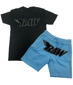 RAW Black Chenille Crew Neck and Cotton Shorts Set - Black Tees / Carolina Blue Shorts - Rawyalty Clothing