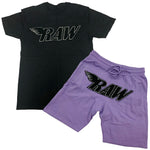 RAW Black Chenille Crew Neck and Cotton Shorts Set - Black Tees / Lavender Shorts - Rawyalty Clothing