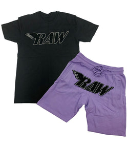 RAW Black Chenille Crew Neck and Cotton Shorts Set - Black Tees / Lavender Shorts - Rawyalty Clothing