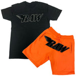 RAW Black Chenille Crew Neck and Cotton Shorts Set - Black Tee / Neon Orange Shorts - Rawyalty Clothing
