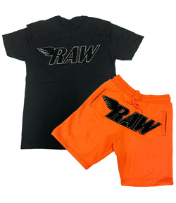 RAW Black Chenille Crew Neck and Cotton Shorts Set - Black Tee / Neon Orange Shorts - Rawyalty Clothing