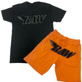 RAW Black Chenille Crew Neck and Cotton Shorts Set - Black Tees / Orange Shorts - Rawyalty Clothing