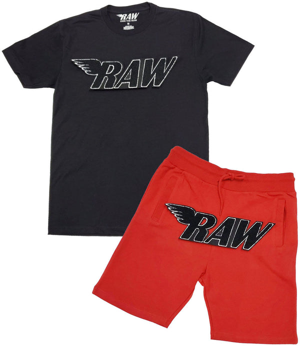 Men RAW Black Chenille Crew Neck and Cotton Shorts Set - Black Tee / Red Shorts - Rawyalty Clothing
