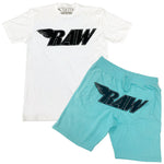 RAW Black Chenille Crew Neck and Cotton Shorts Set - White Tees / Aqua Shorts - Rawyalty Clothing