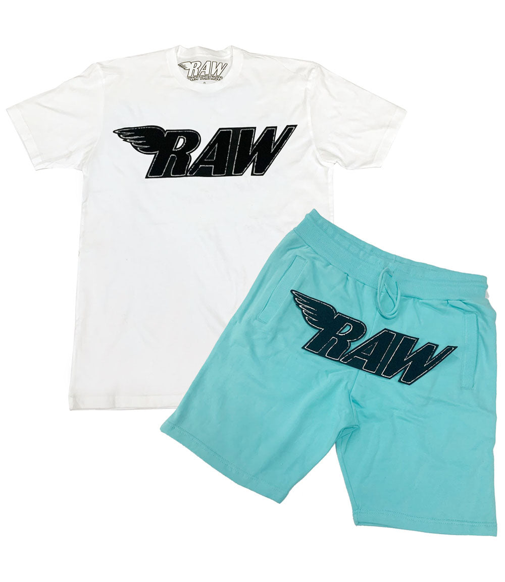 RAW Black Chenille Crew Neck and Cotton Shorts Set - White Tees / Aqua Shorts - Rawyalty Clothing