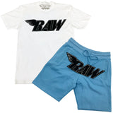 RAW Black Chenille Crew Neck and Cotton Shorts Set - White Tees / Carolina Blue Shorts - Rawyalty Clothing