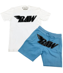 RAW Black Chenille Crew Neck and Cotton Shorts Set - White Tees / Carolina Blue Shorts - Rawyalty Clothing