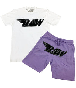 RAW Black Chenille Crew Neck and Cotton Shorts Set - White Tees / Lavender Shorts - Rawyalty Clothing