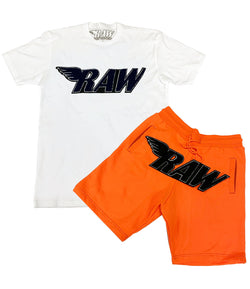RAW Black Chenille Crew Neck and Cotton Shorts Set - White Tee / Neon Orange Shorts - Rawyalty Clothing