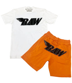 RAW Black Chenille Crew Neck and Cotton Shorts Set - White Tees / Orange Shorts - Rawyalty Clothing