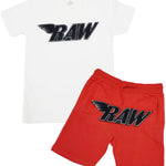 Men RAW Black Chenille Crew Neck and Cotton Shorts Set - White Tee / Red Shorts - Rawyalty Clothing