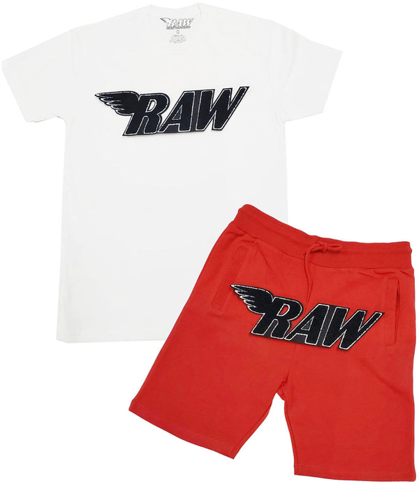 Men RAW Black Chenille Crew Neck and Cotton Shorts Set - White Tee / Red Shorts - Rawyalty Clothing