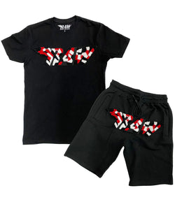 Men RAW Camo Red Chenille Crew Neck and Cotton Shorts Set - Black Tees / Black Shorts - Rawyalty Clothing