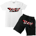 Men RAW Camo Red Chenille Crew Neck and Cotton Shorts Set - White Tees / Black Shorts - Rawyalty Clothing