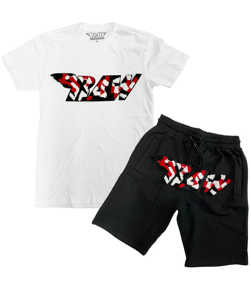 Men RAW Camo Red Chenille Crew Neck and Cotton Shorts Set - White Tees / Black Shorts - Rawyalty Clothing