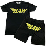 Men RAW Bright Yellow Chenille Crew Neck and Cotton Shorts Set - Black Tees / Black Shorts - Rawyalty Clothing