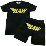 Men RAW Bright Yellow Chenille Crew Neck and Cotton Shorts Set - Black Tees / Black Shorts - Rawyalty Clothing