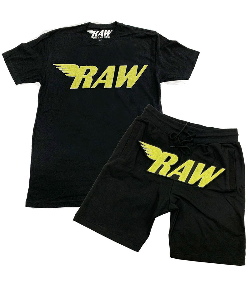 Men RAW Bright Yellow Chenille Crew Neck and Cotton Shorts Set - Black Tees / Black Shorts - Rawyalty Clothing