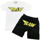 Men RAW Bright Yellow Chenille Crew Neck and Cotton Shorts Set - White Tees / Black Shorts - Rawyalty Clothing