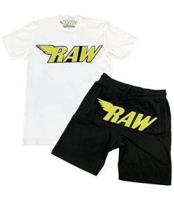 Men RAW Bright Yellow Chenille Crew Neck and Cotton Shorts Set - White Tees / Black Shorts - Rawyalty Clothing