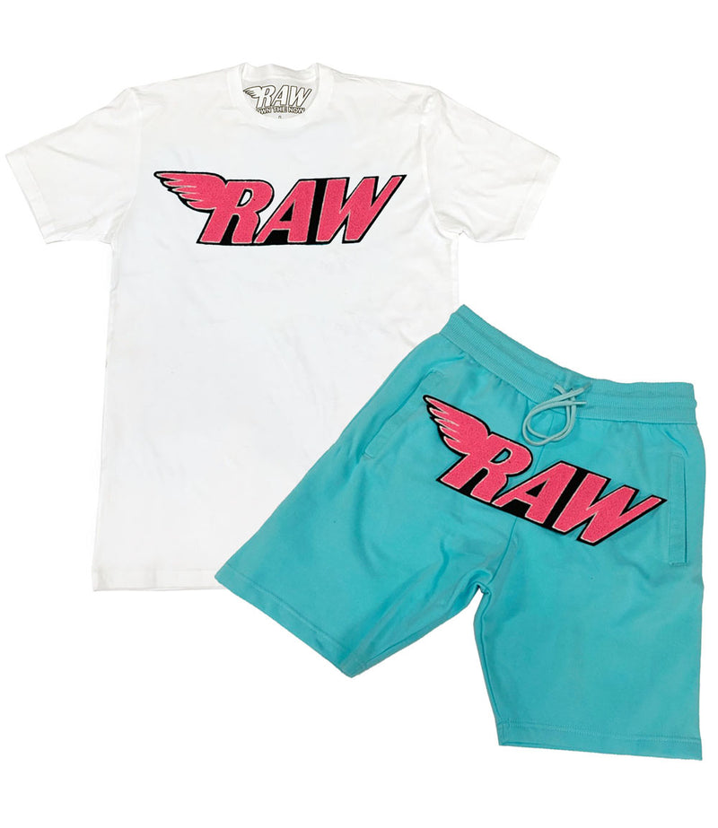 RAW Neon Pink Chenille Crew Neck and Cotton Shorts Set - White Tee / Aqua Shorts - Rawyalty Clothing