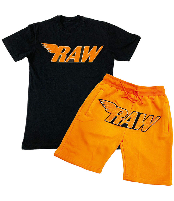Men RAW Wing Orange White Chenille Crew Neck and Cotton Shorts Set - Black Tees / Orange Shorts - Rawyalty Clothing