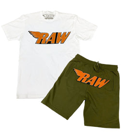 RAW Orange Chenille Crew Neck and Cotton Shorts Set - White Tee / Olive Shorts - Rawyalty Clothing