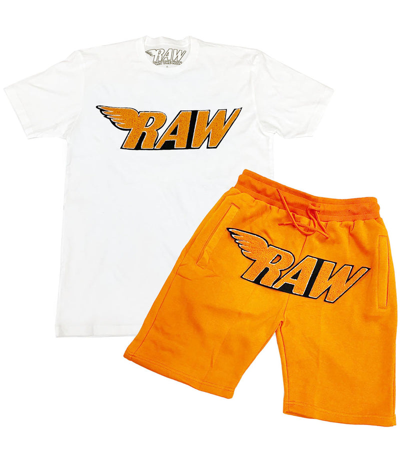 Men RAW Wing Orange White Chenille Crew Neck and Cotton Shorts Set - White Tees / Orange Shorts - Rawyalty Clothing