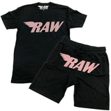 Men RAW Pink Chenille Crew Neck and Cotton Shorts Set - Black Tees / Black Shorts - Rawyalty Clothing