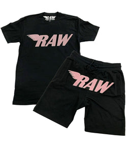 Men RAW Pink Chenille Crew Neck and Cotton Shorts Set - Black Tees / Black Shorts - Rawyalty Clothing