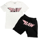 Men RAW Pink Chenille Crew Neck and Cotton Shorts Set - White Tee / Black Shorts - Rawyalty Clothing
