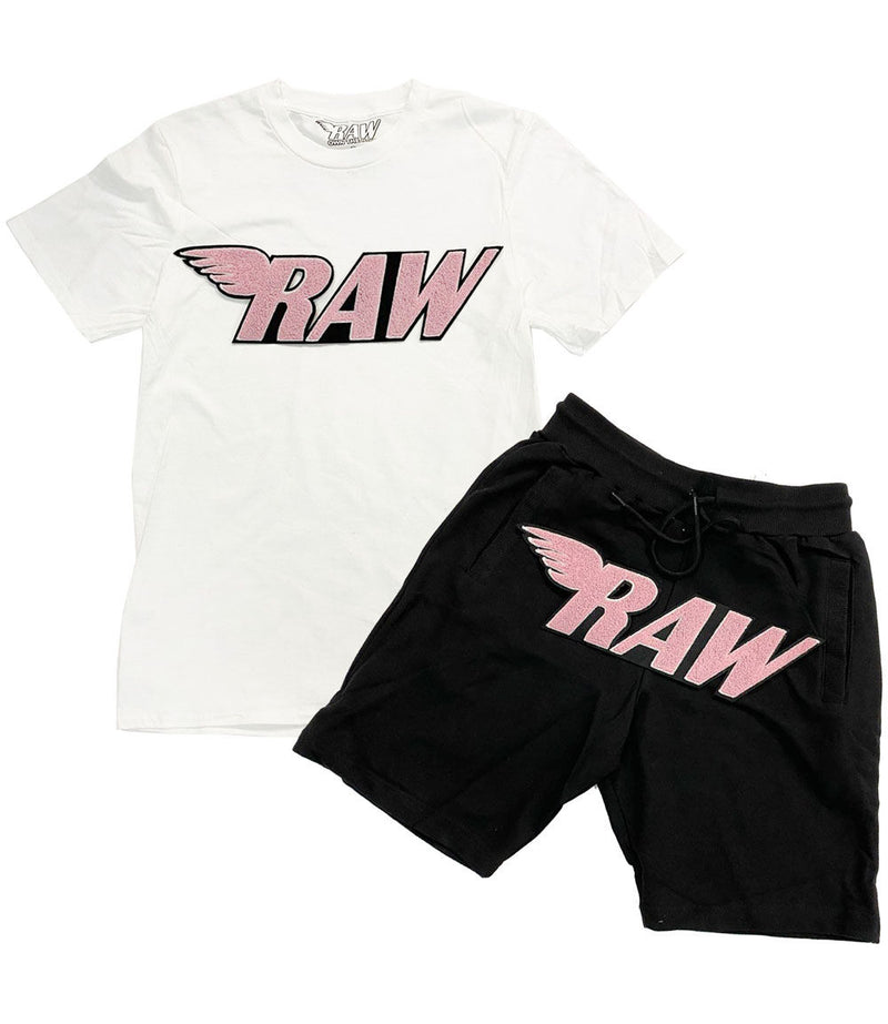 Men RAW Pink Chenille Crew Neck and Cotton Shorts Set - White Tee / Black Shorts - Rawyalty Clothing