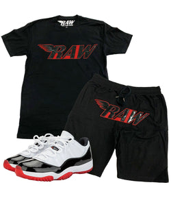 Men RAW PU Red Crew Neck and Cotton Shorts Set - Black Tees / Black Shorts - Rawyalty Clothing