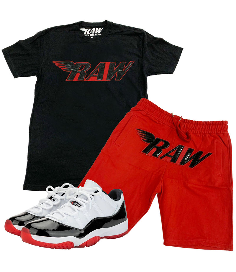 RAW PU Red Crew Neck and Cotton Shorts Set - Black Tees / Red Shorts - Rawyalty Clothing