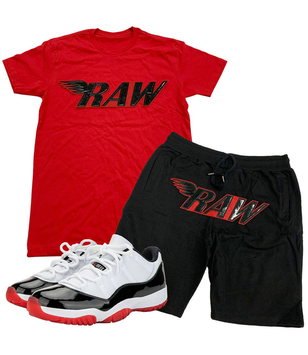 Men RAW PU Red Crew Neck and Cotton Shorts Set - Red Tees / Black Shorts - Rawyalty Clothing