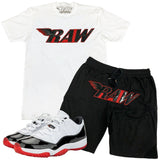 Men RAW PU Red Crew Neck and Cotton Shorts Set - White Tees / Black Shorts - Rawyalty Clothing