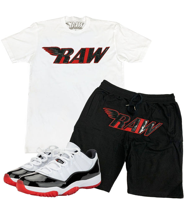 Men RAW PU Red Crew Neck and Cotton Shorts Set - White Tees / Black Shorts - Rawyalty Clothing