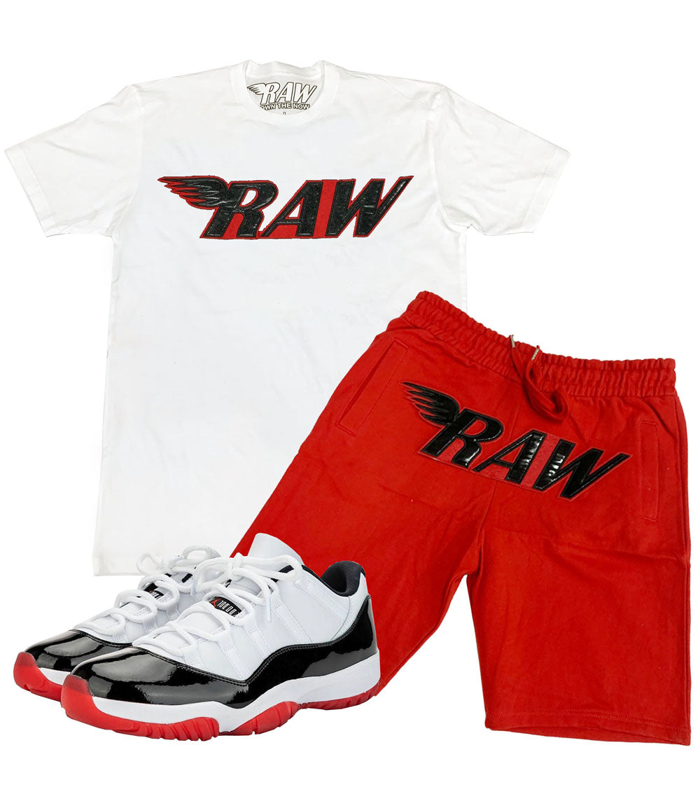 RAW PU Red Crew Neck and Cotton Shorts Set - White Tees / Red Shorts - Rawyalty Clothing